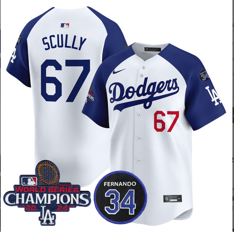 Men MLB Los Angeles Dodgers #67 Scully white 2024 World Series Champions Patch Limited Jersey style 4